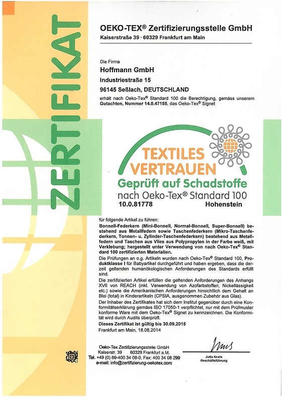 Oeko-Tex Zertifikat deutsch bis 30.09.2015